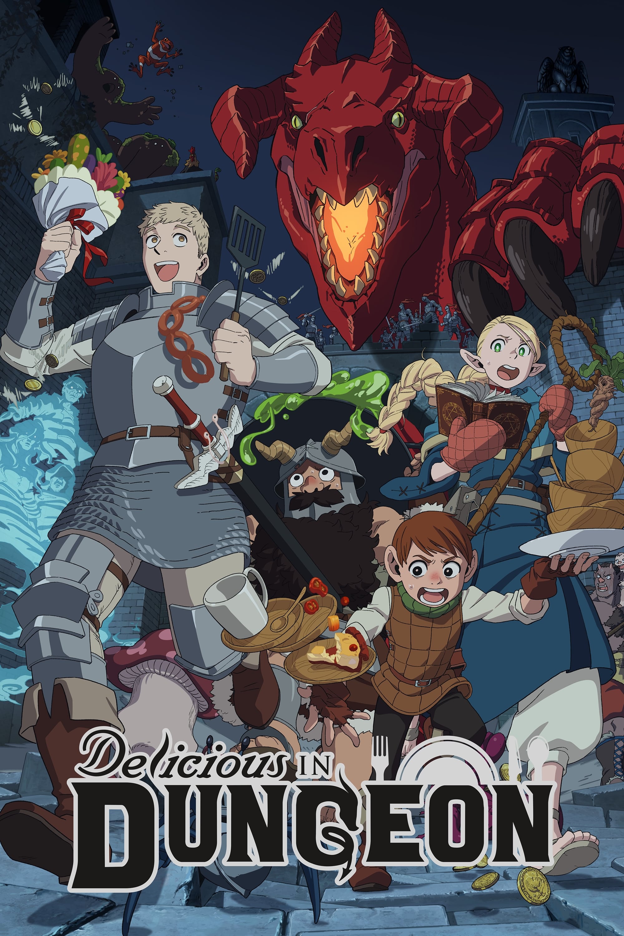 Delicious in Dungeon poster with the adventurers and red dragon